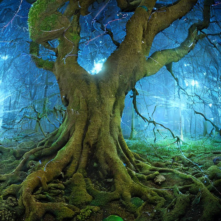 Stable Diffusion: magical forest clearing at night, illuminated by bioluminescent mushrooms and floating orbs of blue light, misty atmosphere, moonbeams filtering through the canopy, dramatic wide-angle shot from ground level, foreground elements frame the scene, ancient gnarled tree roots covered in phosphorescent moss, dewy cobwebs catching the light, rich deep blues and teals with accents of glowing cyan and purple, rendered in the style of Studio Ghibli meets digital concept art, hyperdetailed