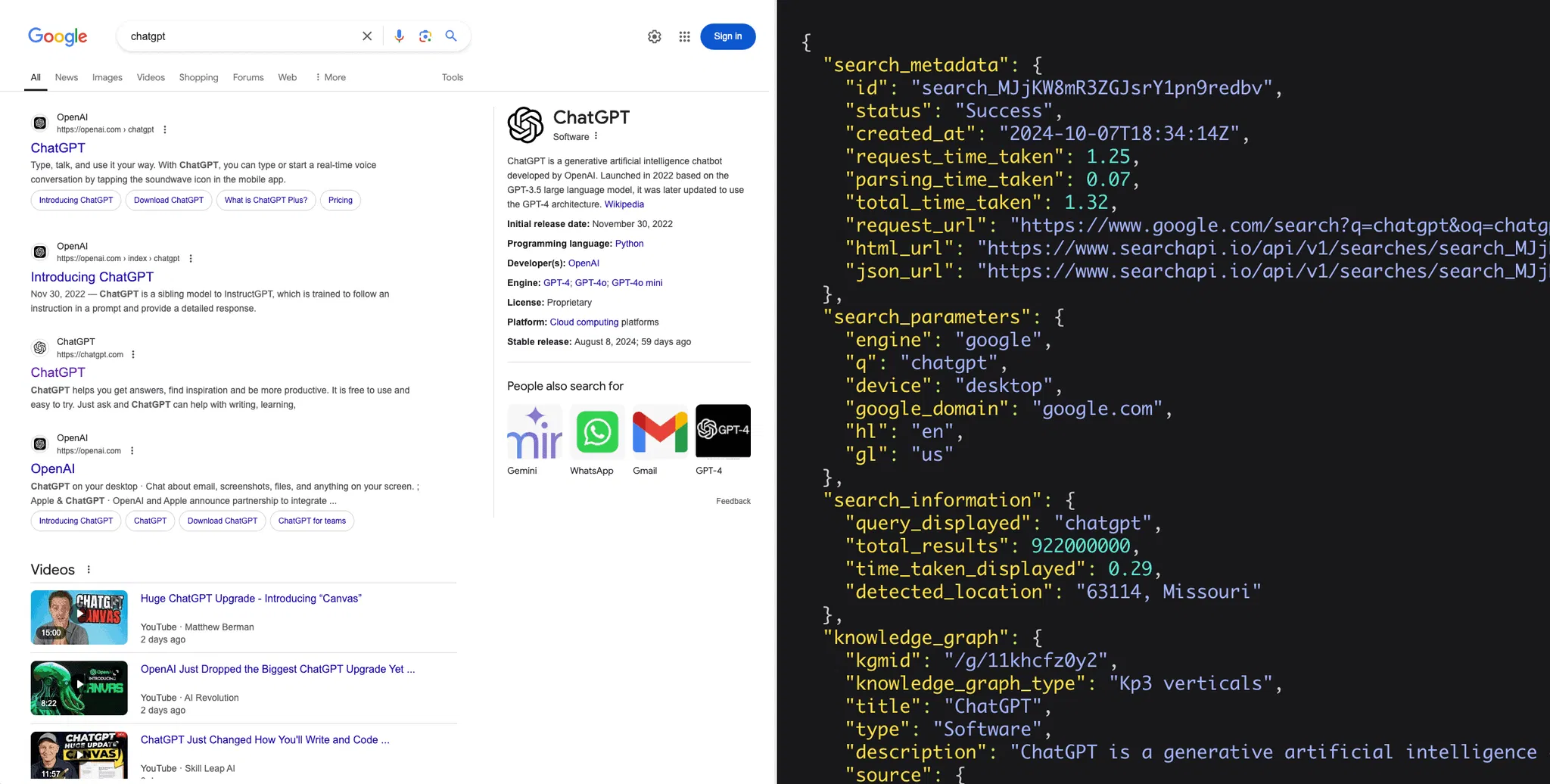 SearchAPI Search and API Response